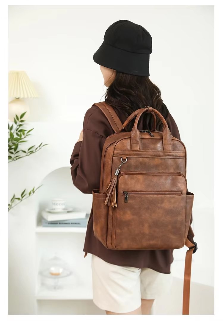 Vintage Business Travel School PU Leather Laptop Backpack product detail