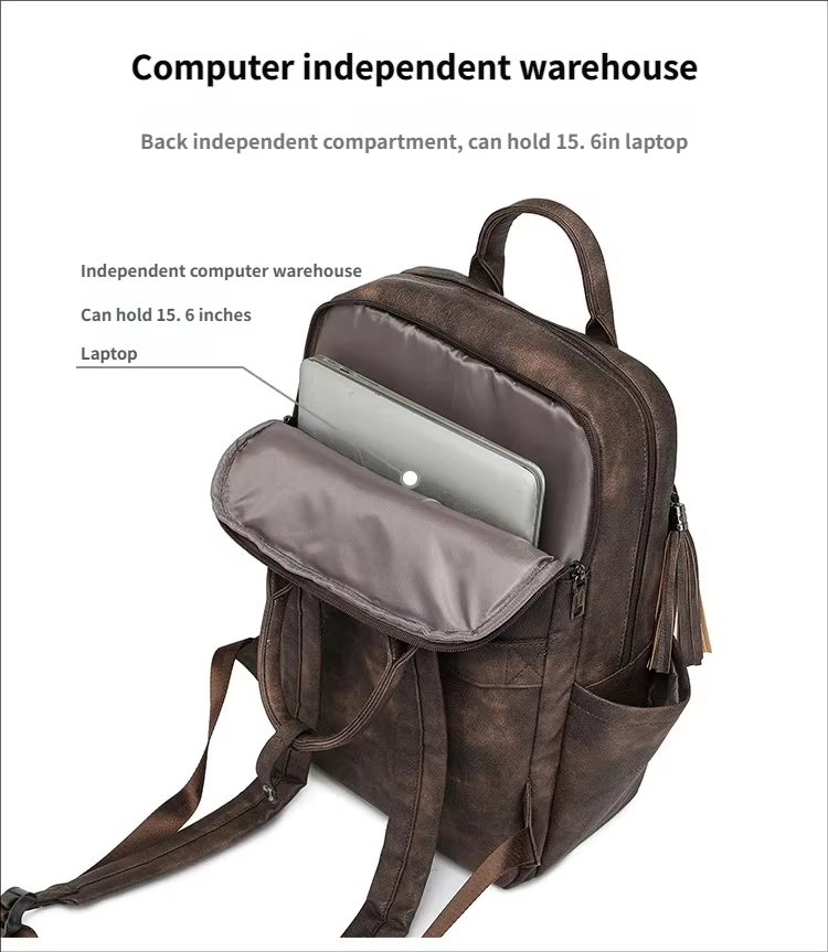 Vintage Business Travel School PU Leather Laptop Backpack product detail