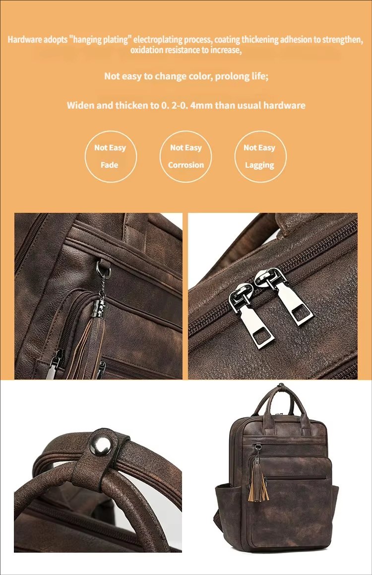 Vintage Business Travel School PU Leather Laptop Backpack product detail