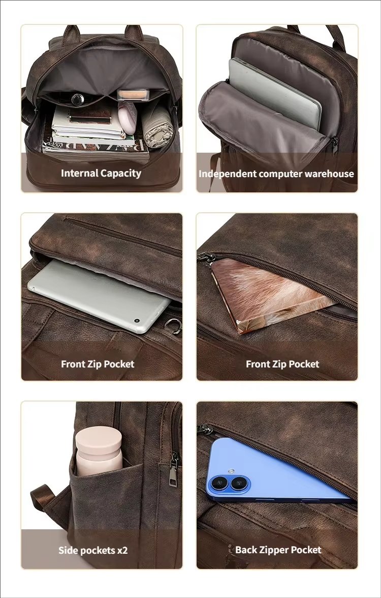 Vintage Business Travel School PU Leather Laptop Backpack product detail
