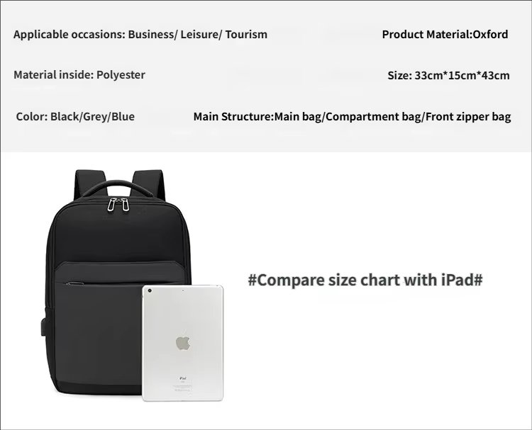 Water-Resistant Large Capacity USB Business Travel Oxford Laptop Backpack product detail