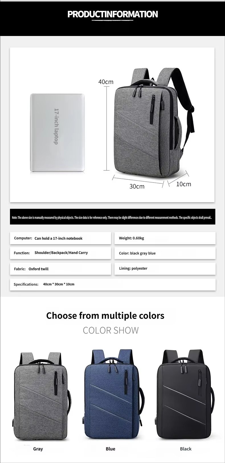 Water-Resistant USB Business School Oxford Laptop Backpack product detail