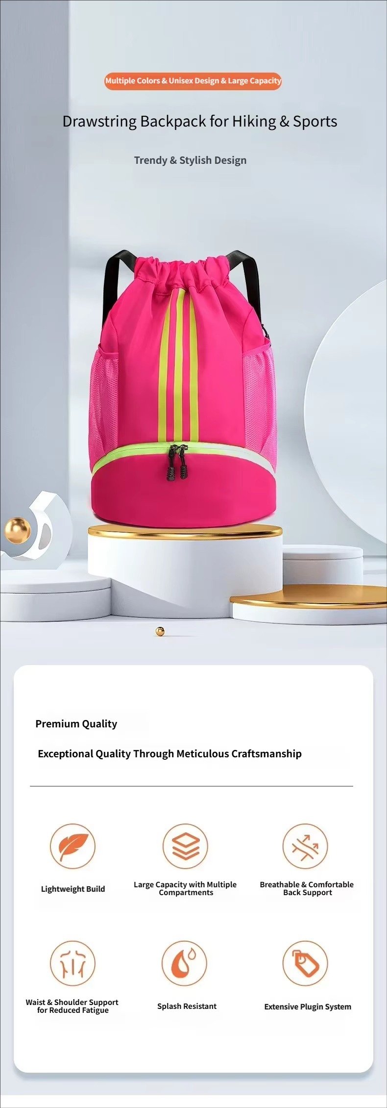 Waterproof Drawstring Backpack Lightweight Foldable Gym Sports Backpack Basketball String Bag with Shoes Compartment detail image