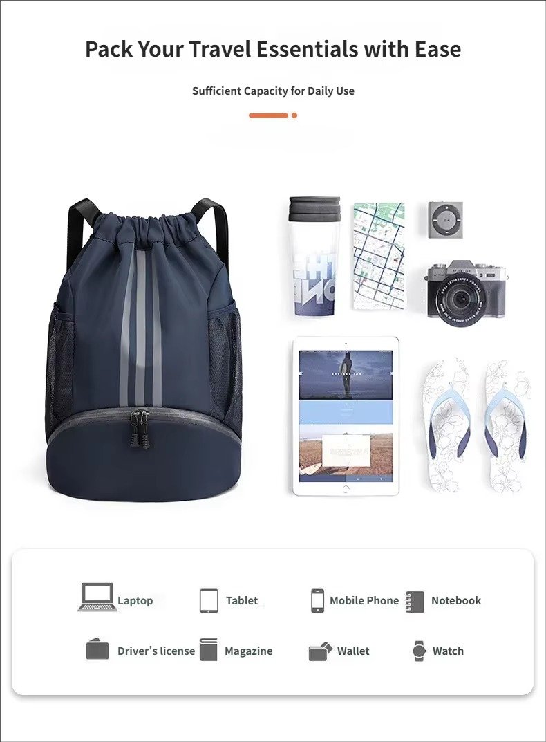 Waterproof Drawstring Backpack Lightweight Foldable Gym Sports Backpack Basketball String Bag with Shoes Compartment detail image