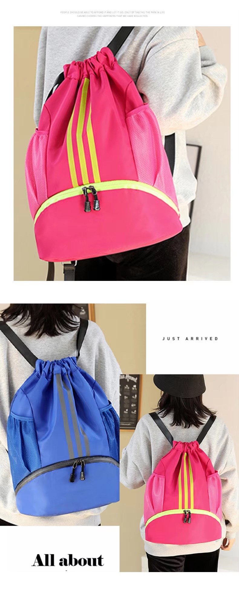 Waterproof Drawstring Backpack Lightweight Foldable Gym Sports Backpack Basketball String Bag with Shoes Compartment detail image