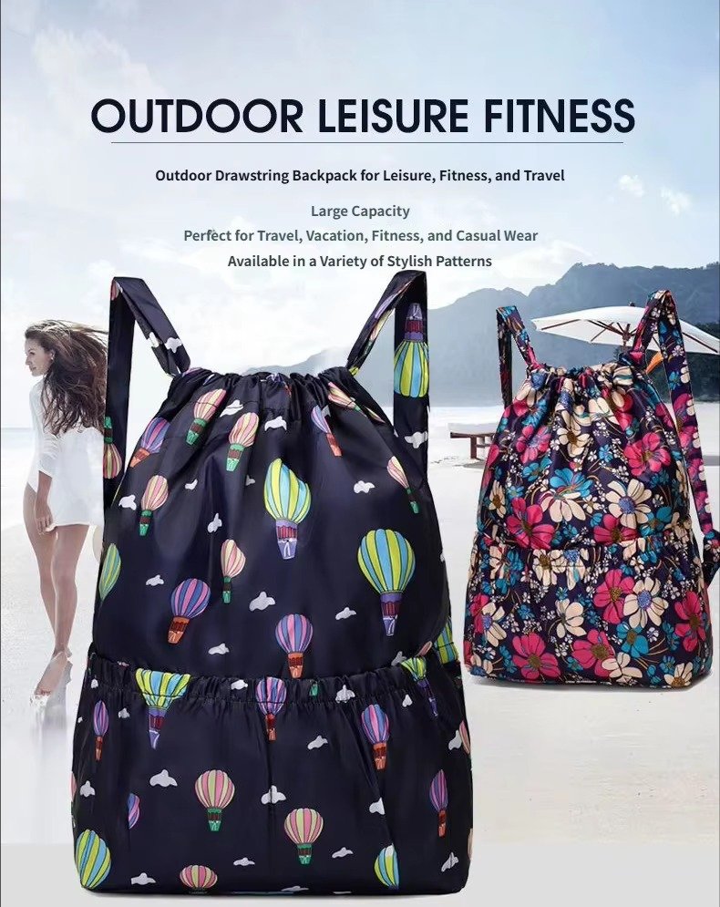 Design Flower Printed Pattern Drawstring Backpack Outdoor Sports Bag Large Capacity Mommy Bag Lightweight Travel Backpack detail image