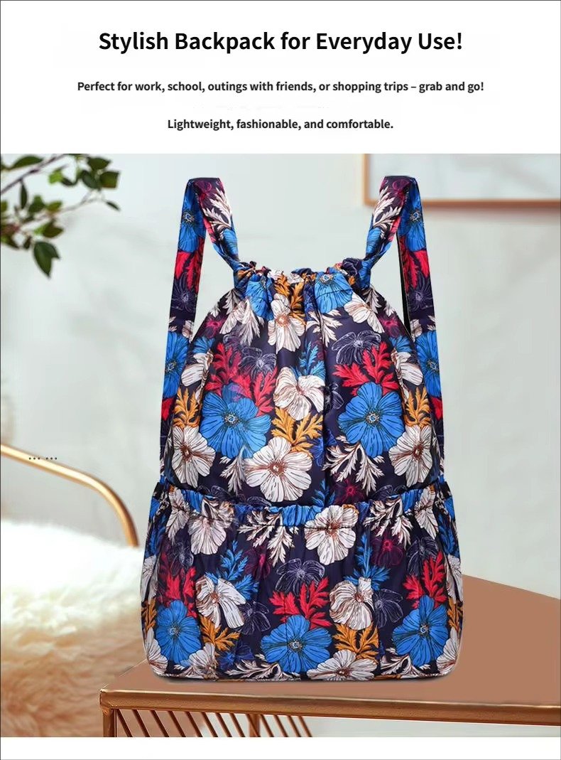 Design Flower Printed Pattern Drawstring Backpack Outdoor Sports Bag Large Capacity Mommy Bag Lightweight Travel Backpack detail image