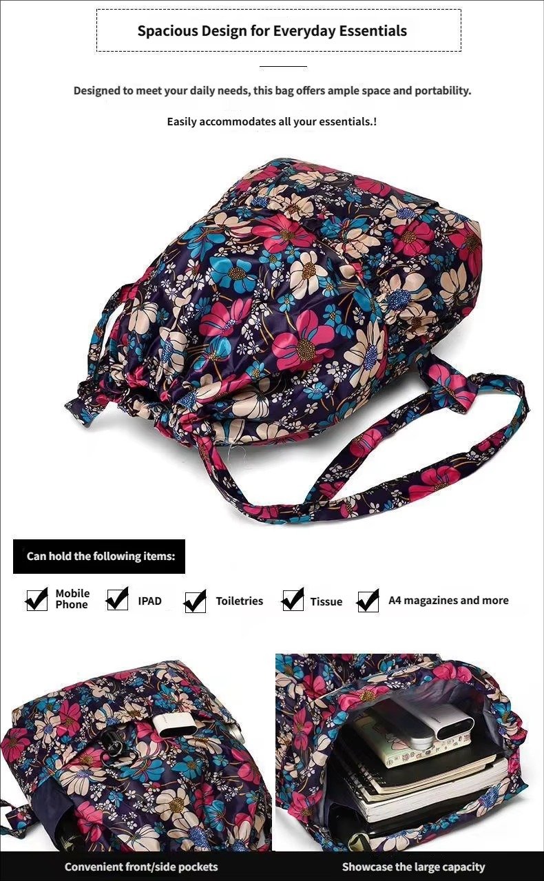 Design Flower Printed Pattern Drawstring Backpack Outdoor Sports Bag Large Capacity Mommy Bag Lightweight Travel Backpack detail image