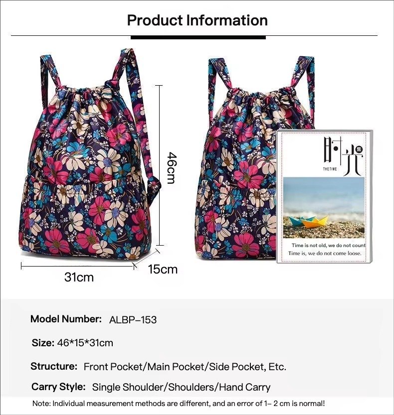 Design Flower Printed Pattern Drawstring Backpack Outdoor Sports Bag Large Capacity Mommy Bag Lightweight Travel Backpack detail image