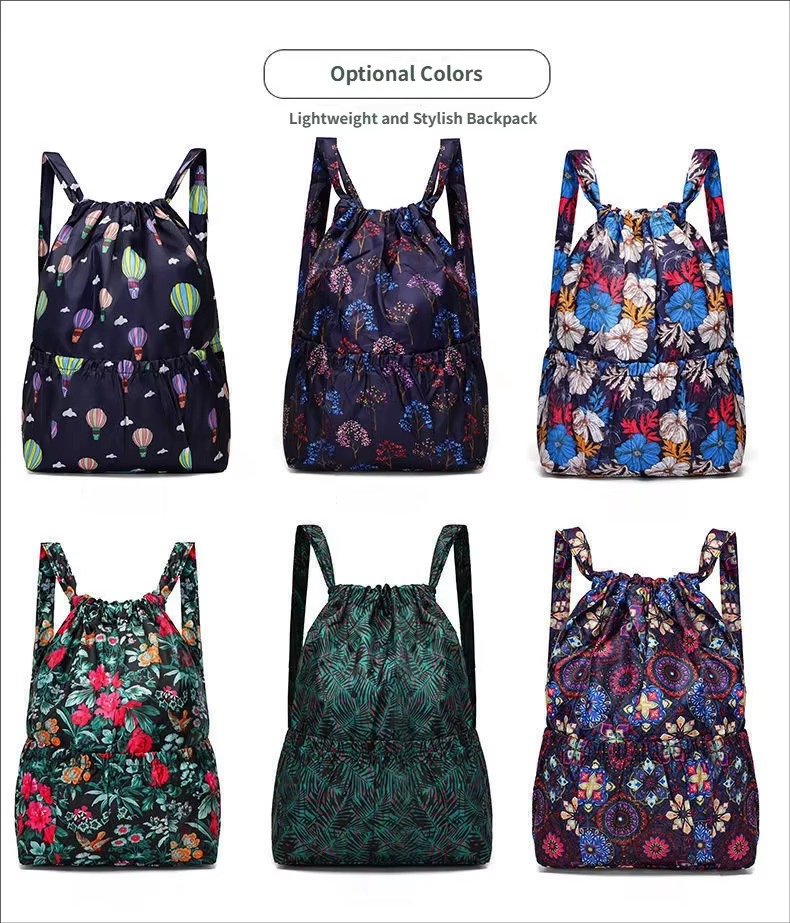 Design Flower Printed Pattern Drawstring Backpack Outdoor Sports Bag Large Capacity Mommy Bag Lightweight Travel Backpack detail image