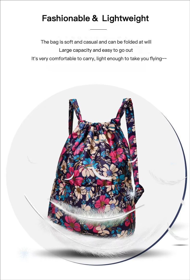 Design Flower Printed Pattern Drawstring Backpack Outdoor Sports Bag Large Capacity Mommy Bag Lightweight Travel Backpack detail image