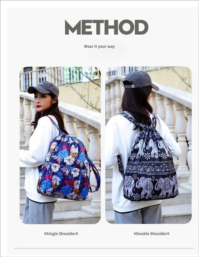 Design Flower Printed Pattern Drawstring Backpack Outdoor Sports Bag Large Capacity Mommy Bag Lightweight Travel Backpack detail image