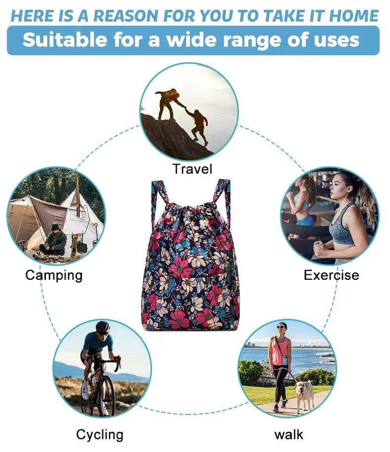 Design Flower Printed Pattern Drawstring Backpack Outdoor Sports Bag Large Capacity Mommy Bag Lightweight Travel Backpack detail image
