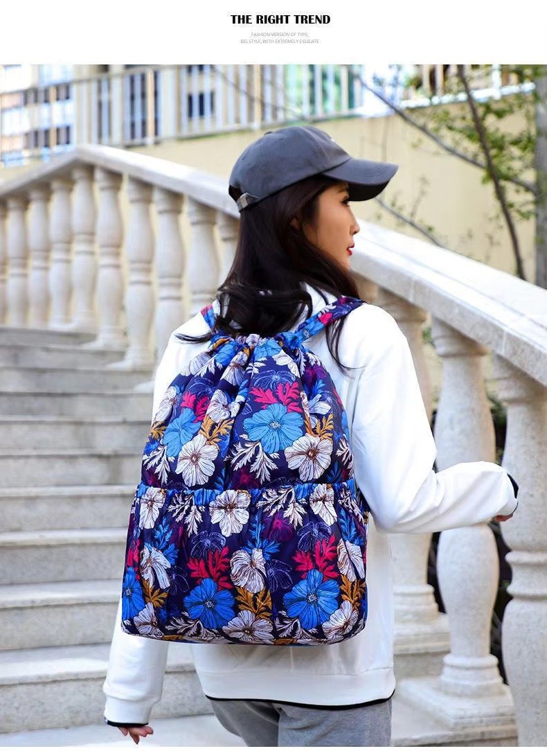 Design Flower Printed Pattern Drawstring Backpack Outdoor Sports Bag Large Capacity Mommy Bag Lightweight Travel Backpack detail image