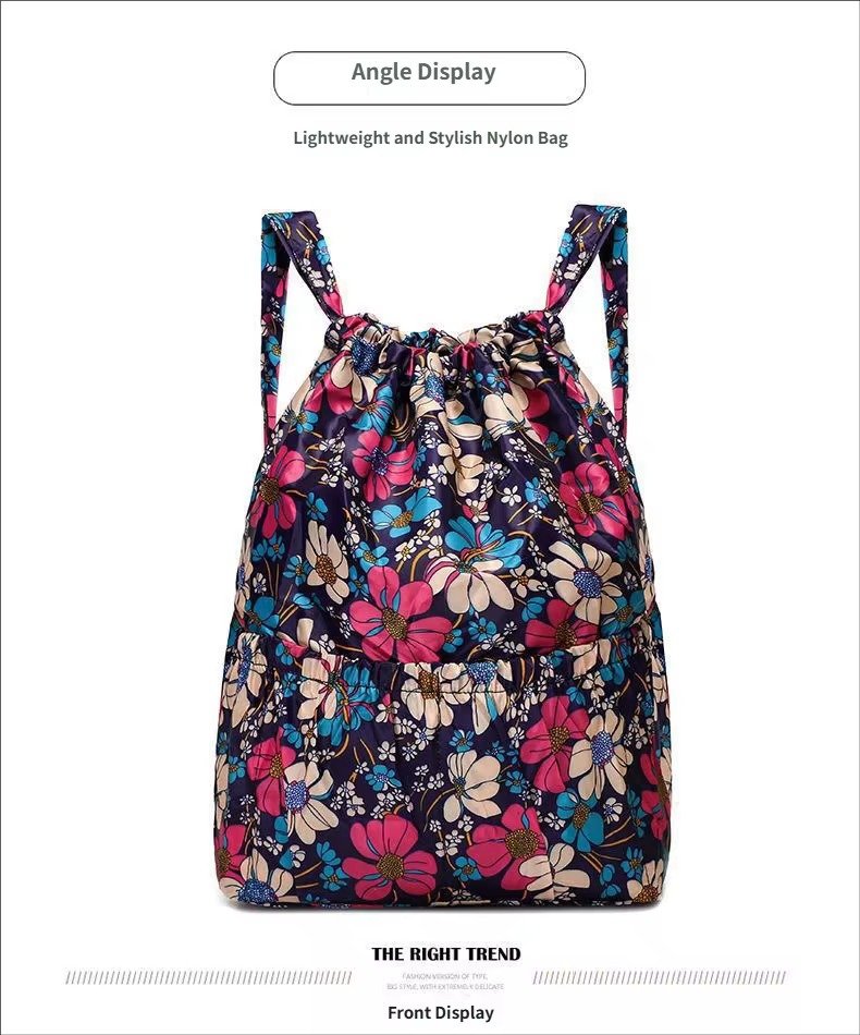 Design Flower Printed Pattern Drawstring Backpack Outdoor Sports Bag Large Capacity Mommy Bag Lightweight Travel Backpack detail image