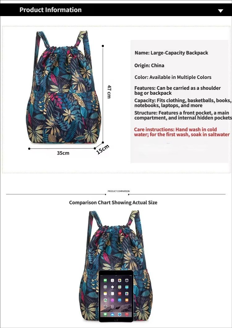 Waterproof Sublimation Drawstring Backpack Lightweight Foldable Travel Beach Sports Backpack Shopping Bag detail image