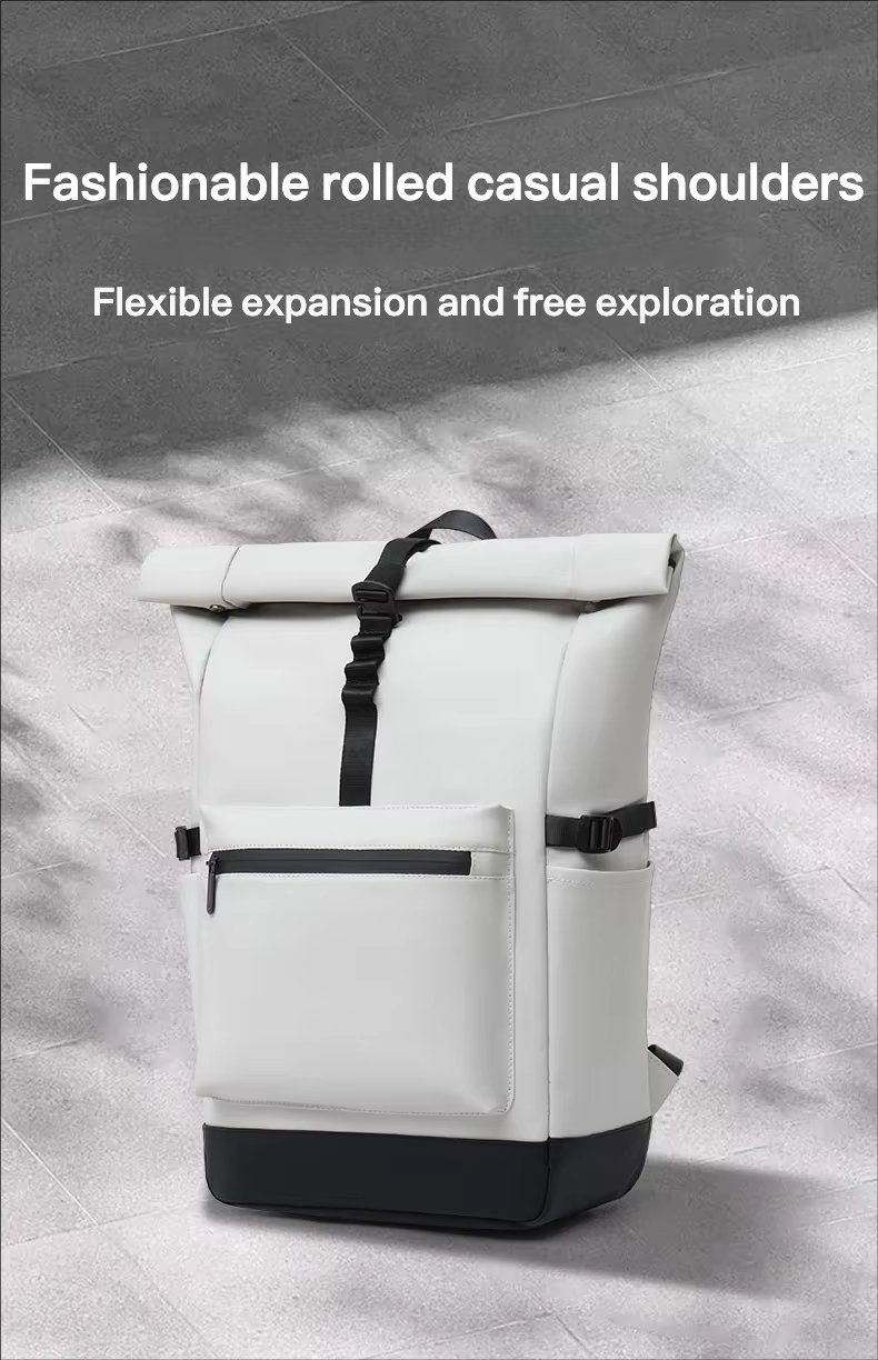 Water-Resistant Large Capacity Modern Travel School PU Leather Roll Top Backpack product detail
