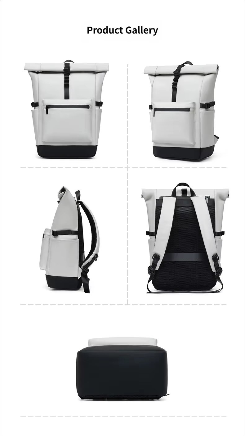 Water-Resistant Large Capacity Modern Travel School PU Leather Roll Top Backpack product detail