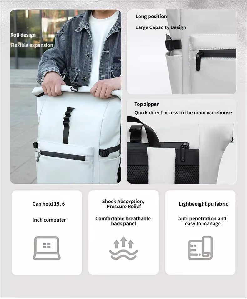 Water-Resistant Large Capacity Modern Travel School PU Leather Roll Top Backpack product detail