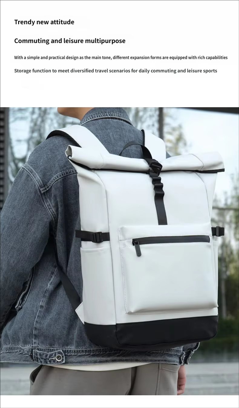 Water-Resistant Large Capacity Modern Travel School PU Leather Roll Top Backpack product detail