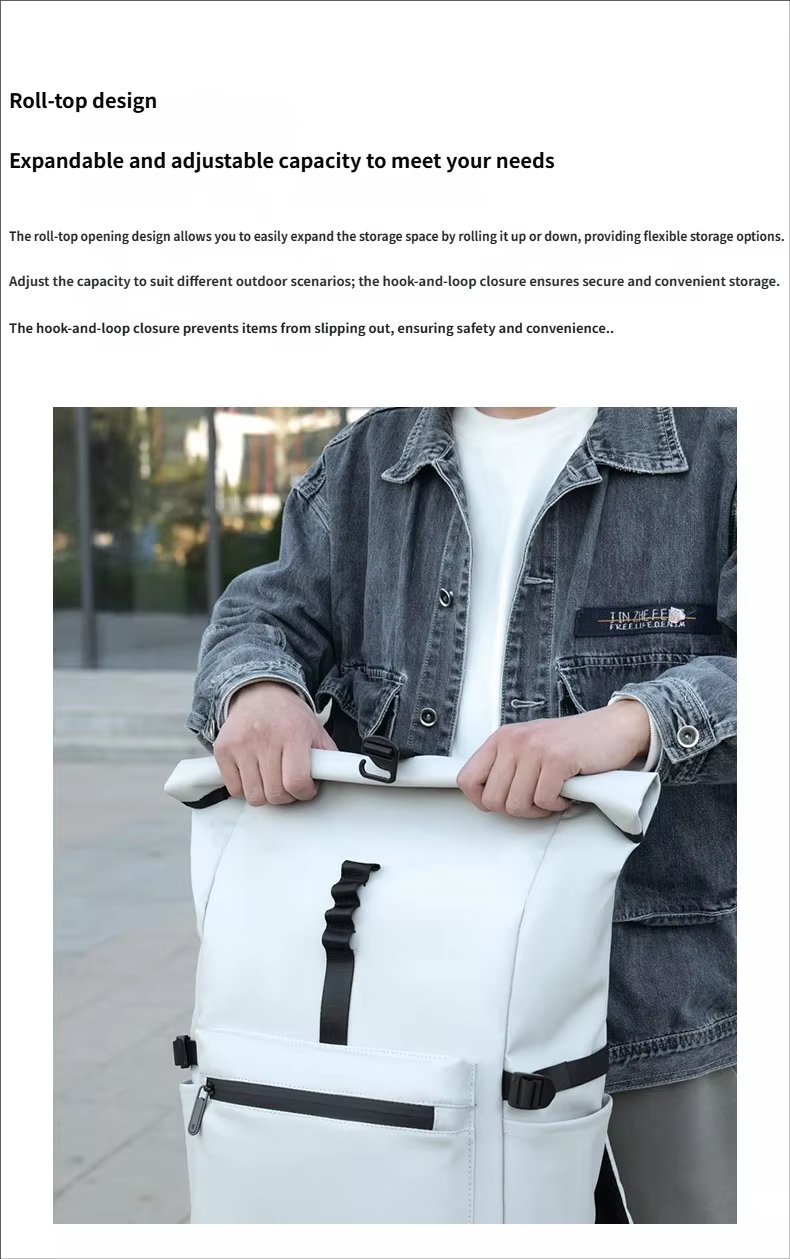 Water-Resistant Large Capacity Modern Travel School PU Leather Roll Top Backpack product detail