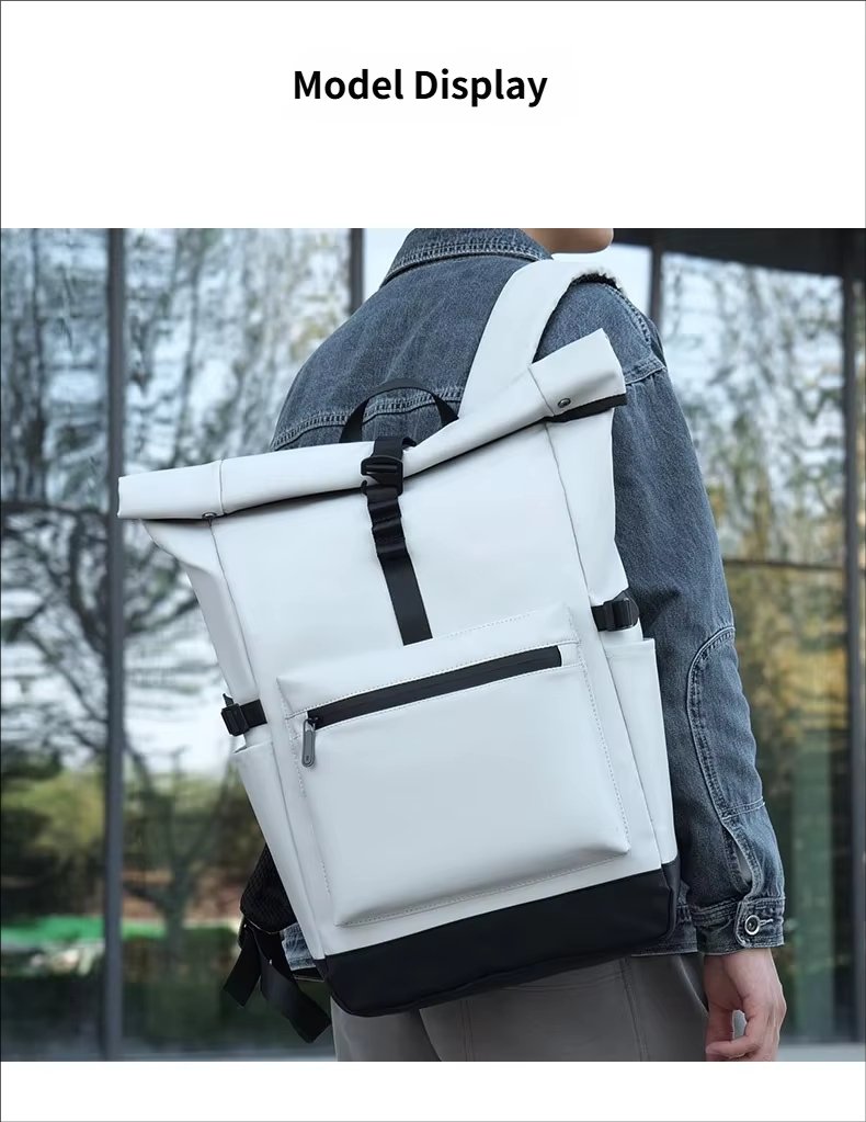 Water-Resistant Large Capacity Modern Travel School PU Leather Roll Top Backpack product detail