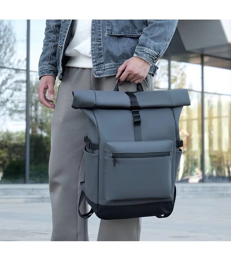 Water-Resistant Large Capacity Modern Travel School PU Leather Roll Top Backpack product detail