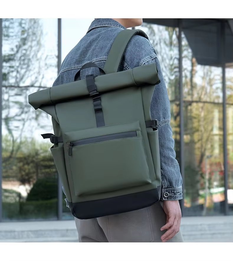 Water-Resistant Large Capacity Modern Travel School PU Leather Roll Top Backpack product detail