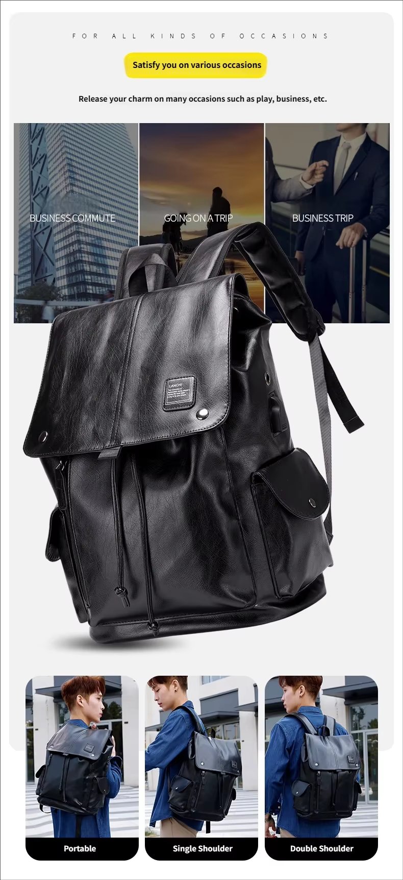 Water-Resistant USB Vintage Modern Travel PU Leather Laptop Backpack product detail