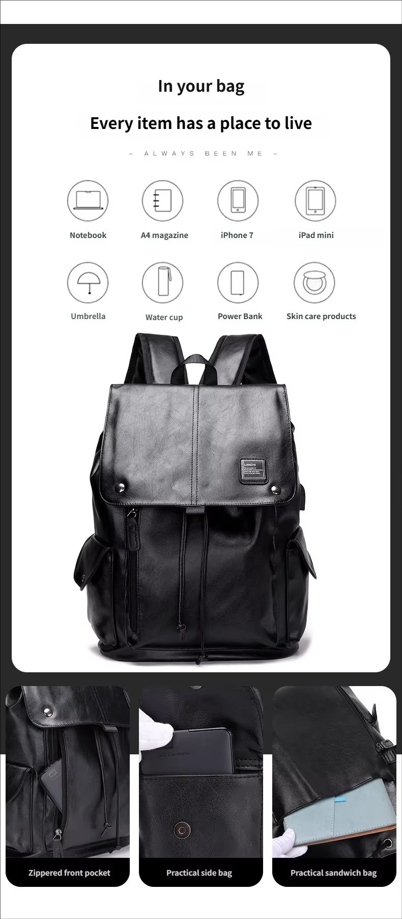 Water-Resistant USB Vintage Modern Travel PU Leather Laptop Backpack product detail