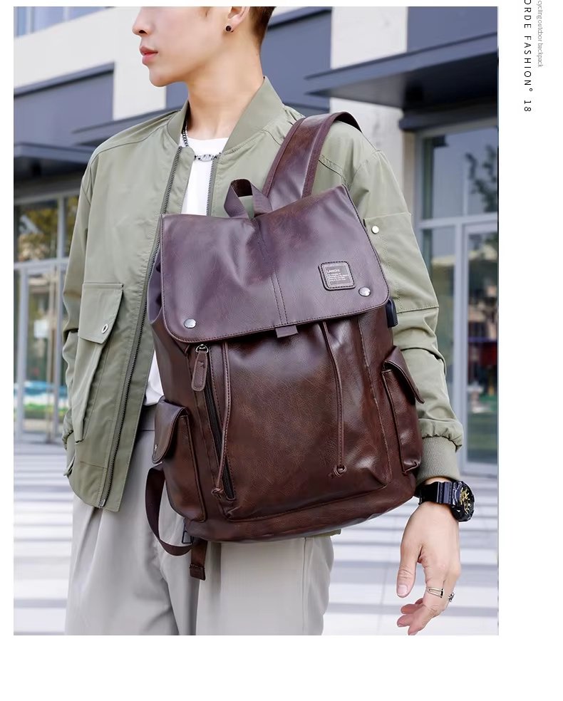 Water-Resistant USB Vintage Modern Travel PU Leather Laptop Backpack product detail
