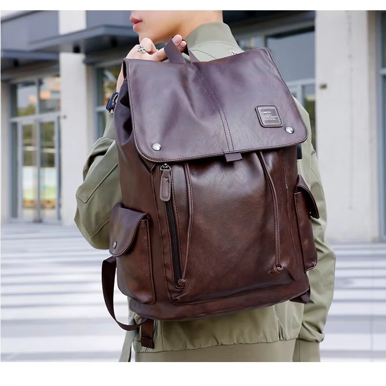 Water-Resistant USB Vintage Modern Travel PU Leather Laptop Backpack product detail