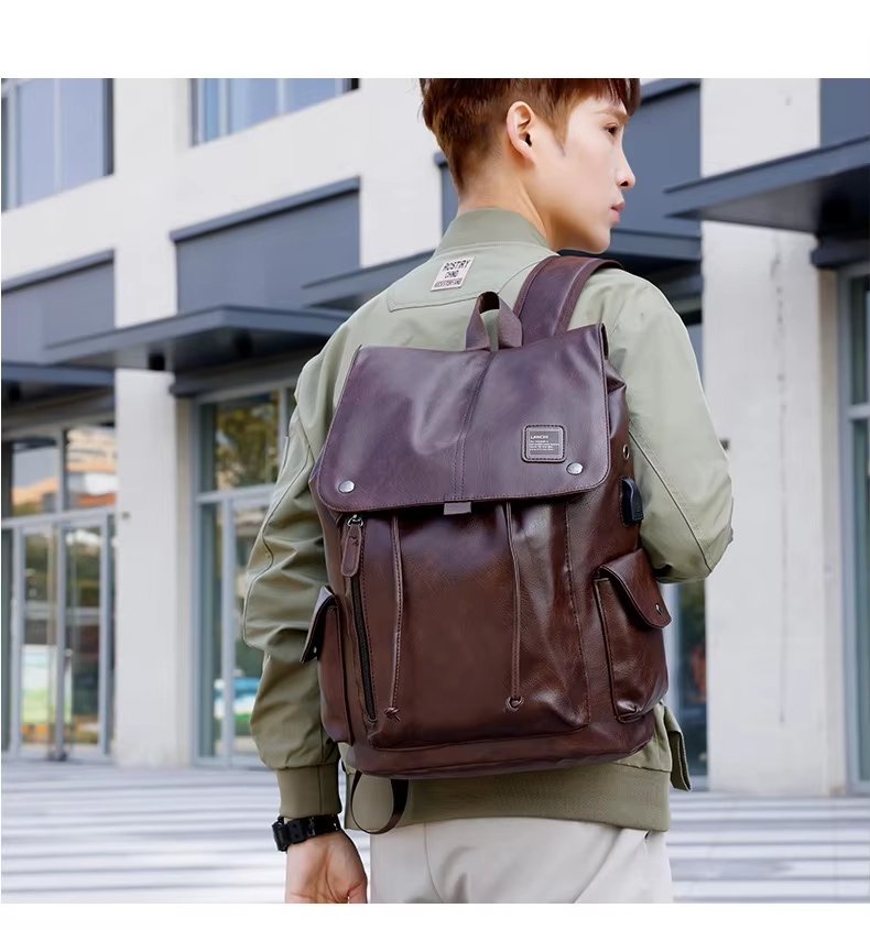 Water-Resistant USB Vintage Modern Travel PU Leather Laptop Backpack product detail
