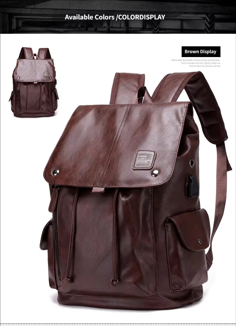 Water-Resistant USB Vintage Modern Travel PU Leather Laptop Backpack product detail