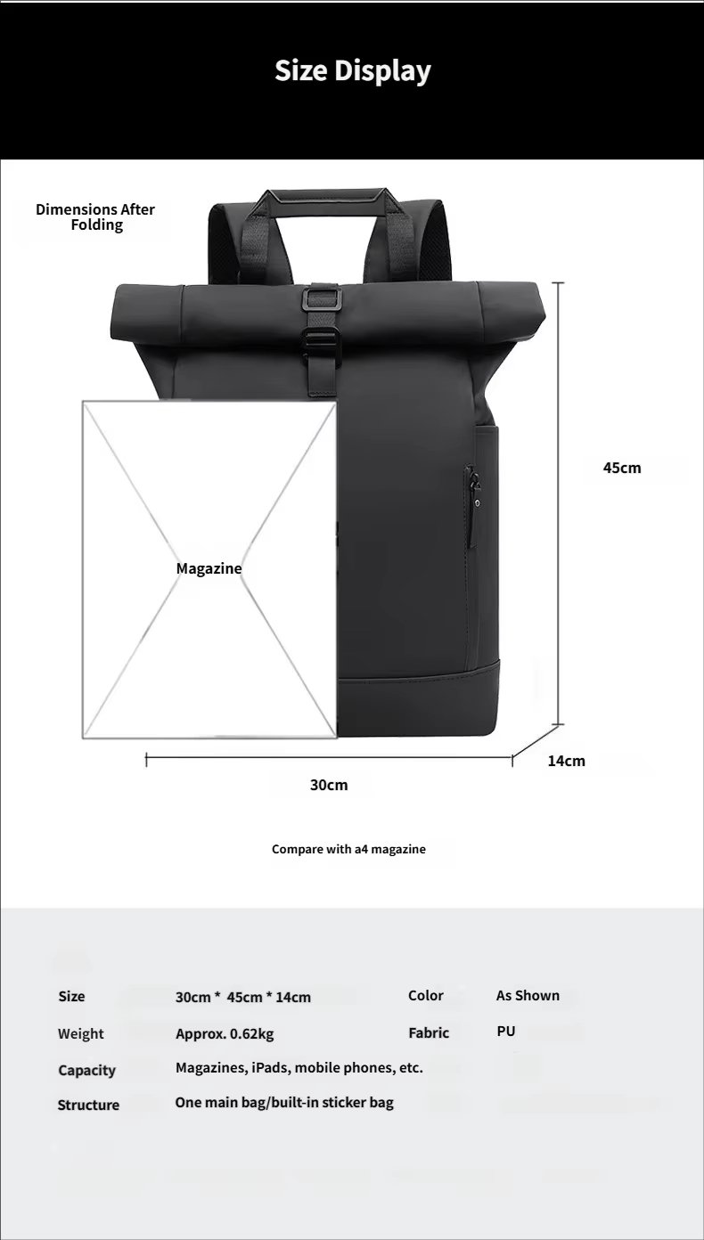 Water-Resistant Large Capacity Outdoor Business Travel PU Leather Roll Top Backpack product detail