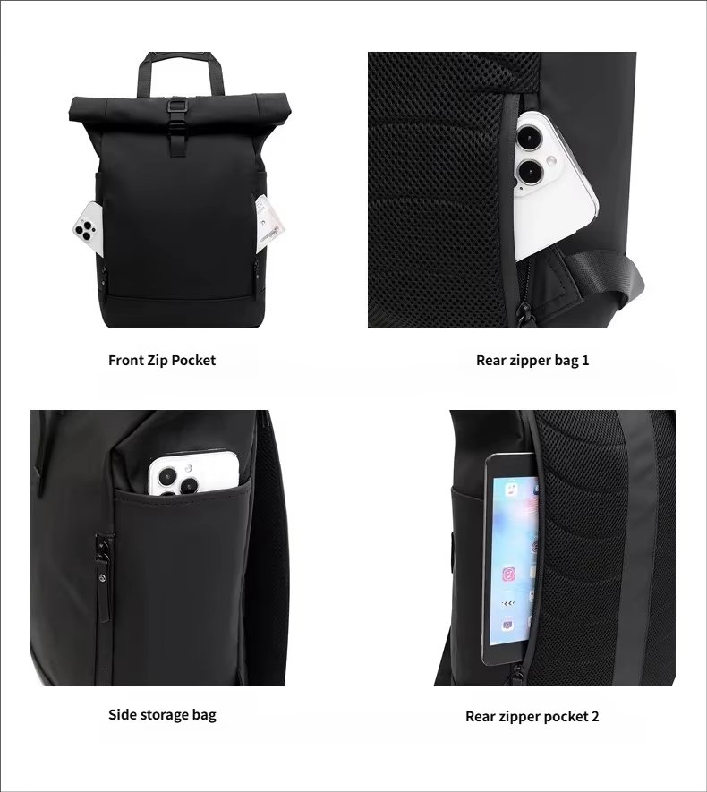 Water-Resistant Large Capacity Outdoor Business Travel PU Leather Roll Top Backpack product detail