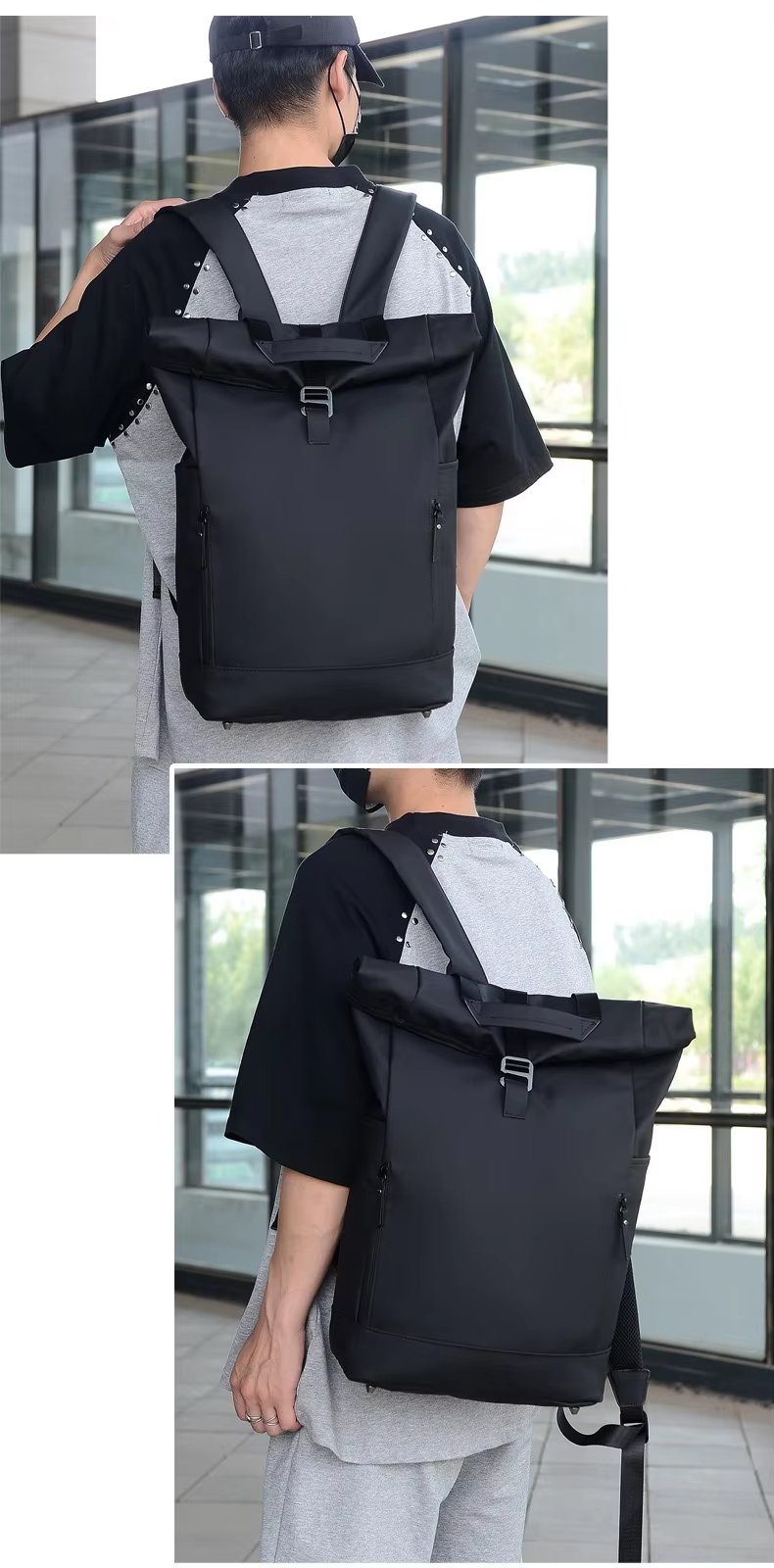 Water-Resistant Large Capacity Outdoor Business Travel PU Leather Roll Top Backpack product detail