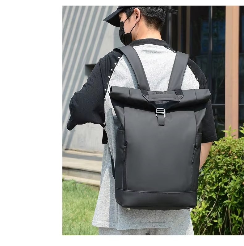 Water-Resistant Large Capacity Outdoor Business Travel PU Leather Roll Top Backpack product detail