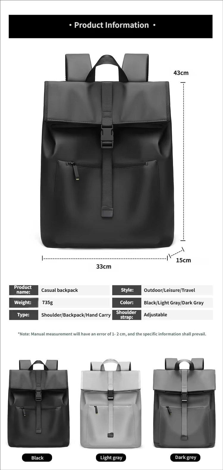Water-Resistant Outdoor Business Travel School PU Leather Roll Top Backpack product detail