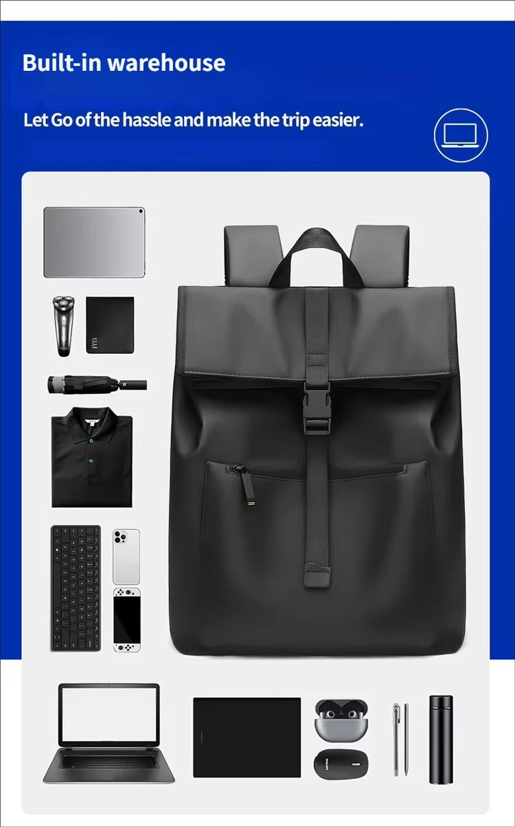 Water-Resistant Outdoor Business Travel School PU Leather Roll Top Backpack product detail