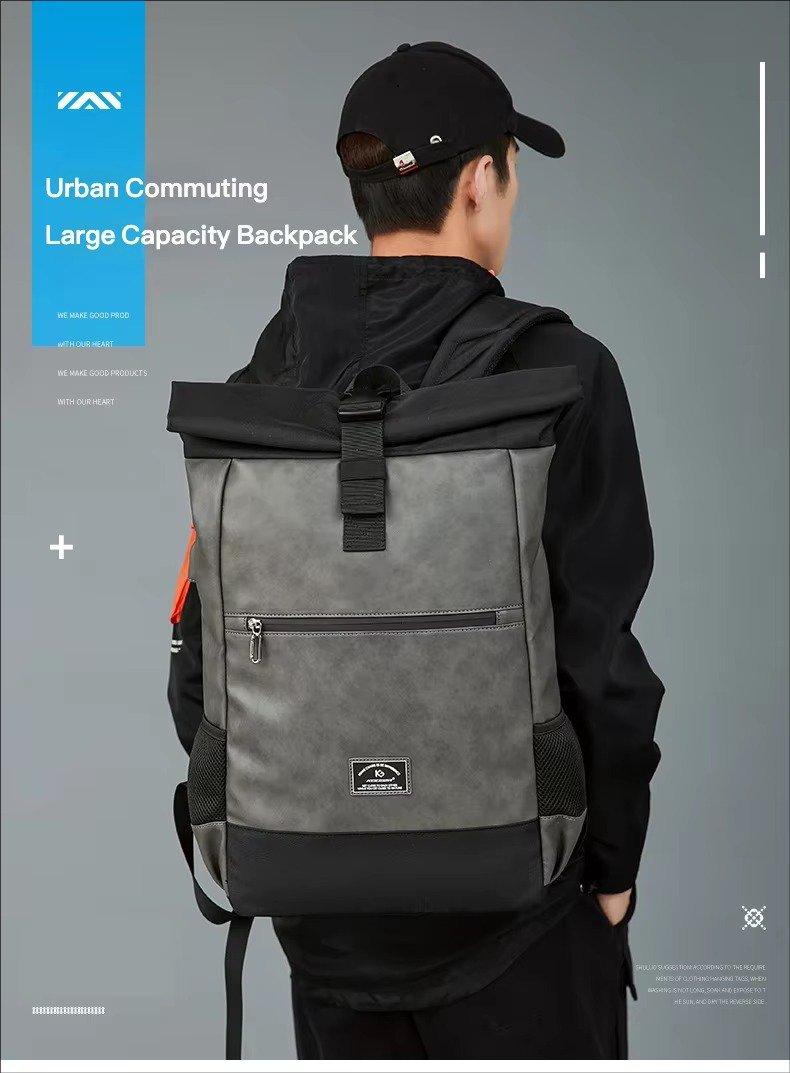 Large Capacity Waterproof Business Casual Rolltop Laptop Backpack Outdoor Sports Commuting Travel Daypack with USB detail image