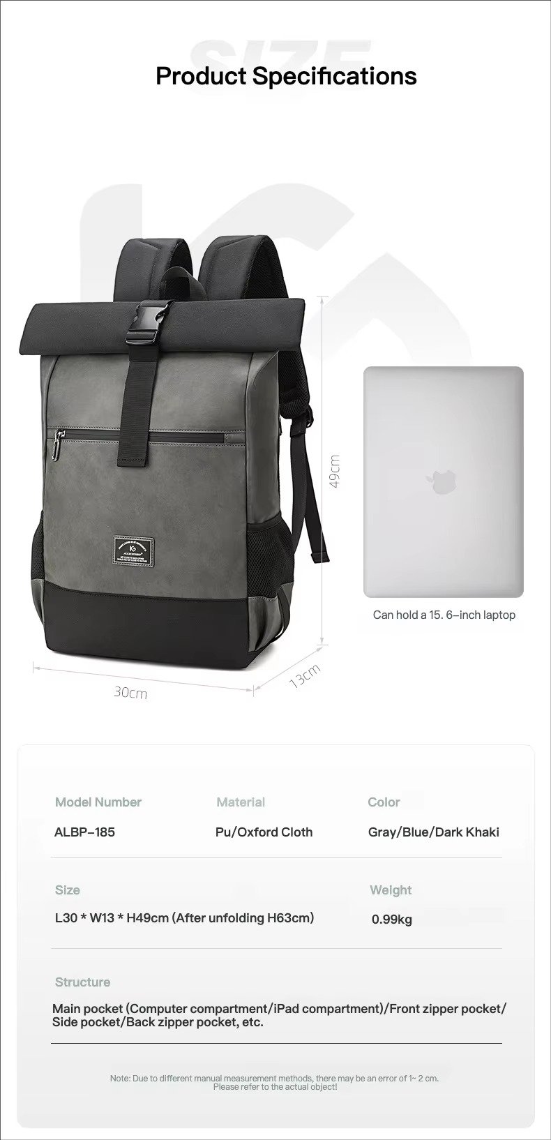 Large Capacity Waterproof Business Casual Rolltop Laptop Backpack Outdoor Sports Commuting Travel Daypack with USB detail image