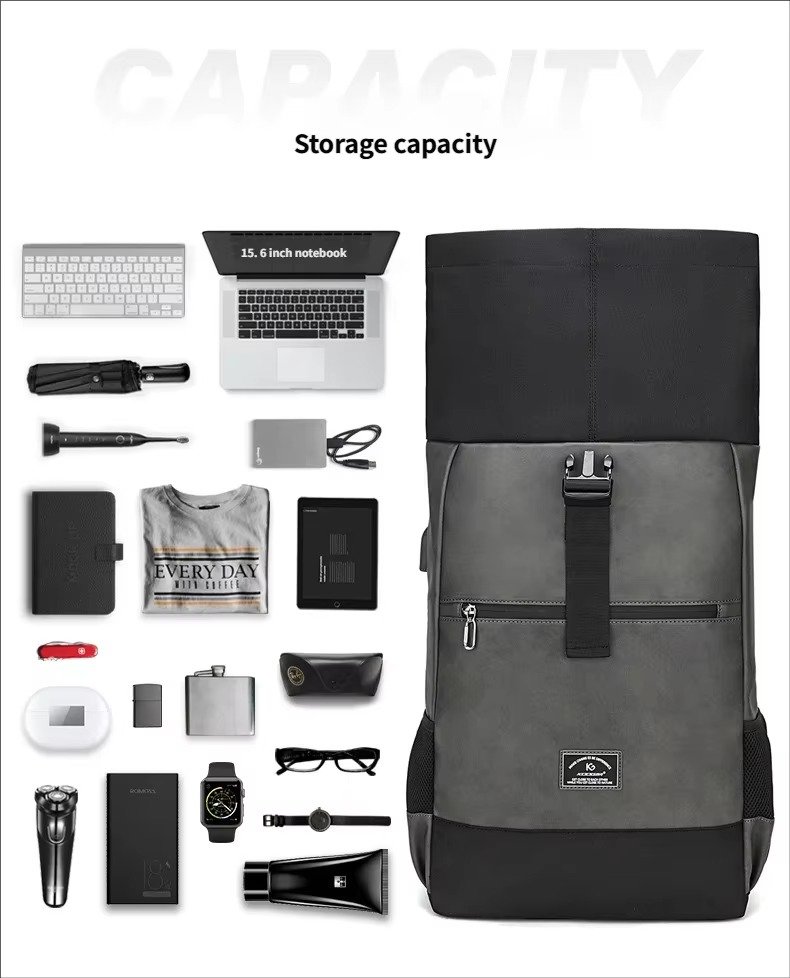 Large Capacity Waterproof Business Casual Rolltop Laptop Backpack Outdoor Sports Commuting Travel Daypack with USB detail image
