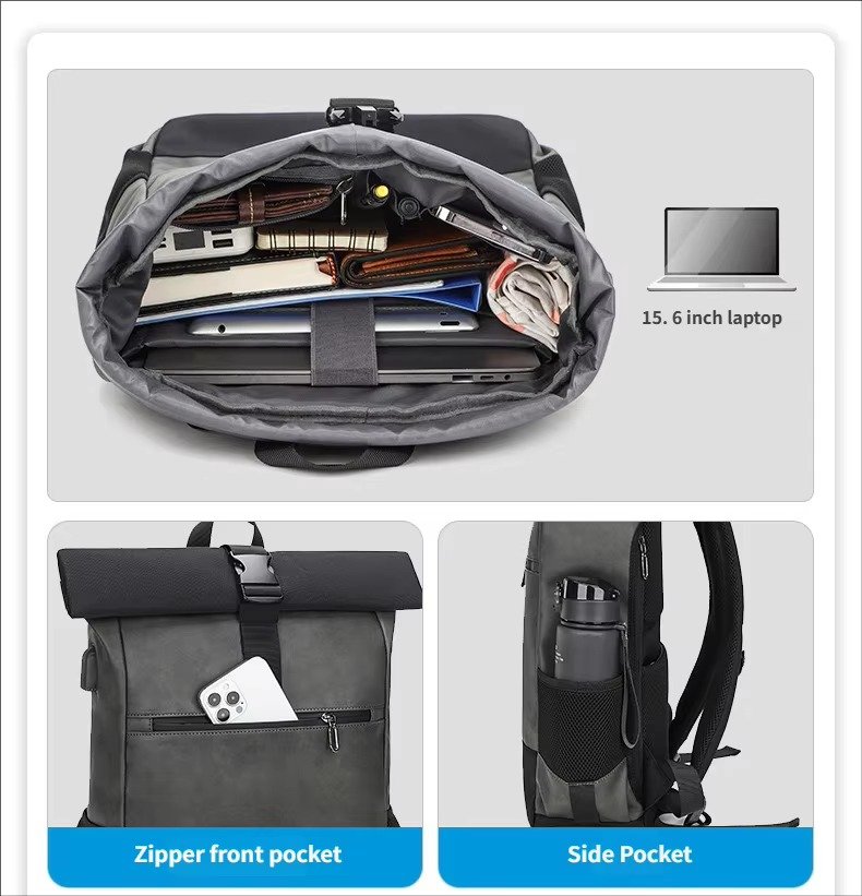 Large Capacity Waterproof Business Casual Rolltop Laptop Backpack Outdoor Sports Commuting Travel Daypack with USB detail image