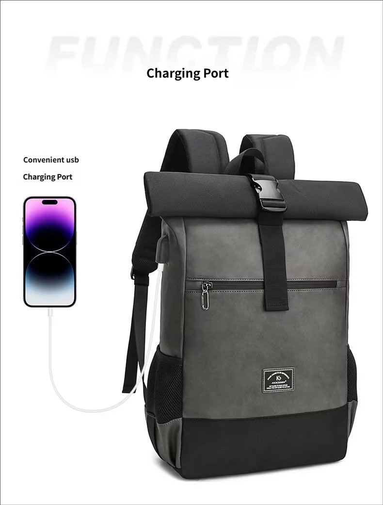 Large Capacity Waterproof Business Casual Rolltop Laptop Backpack Outdoor Sports Commuting Travel Daypack with USB detail image