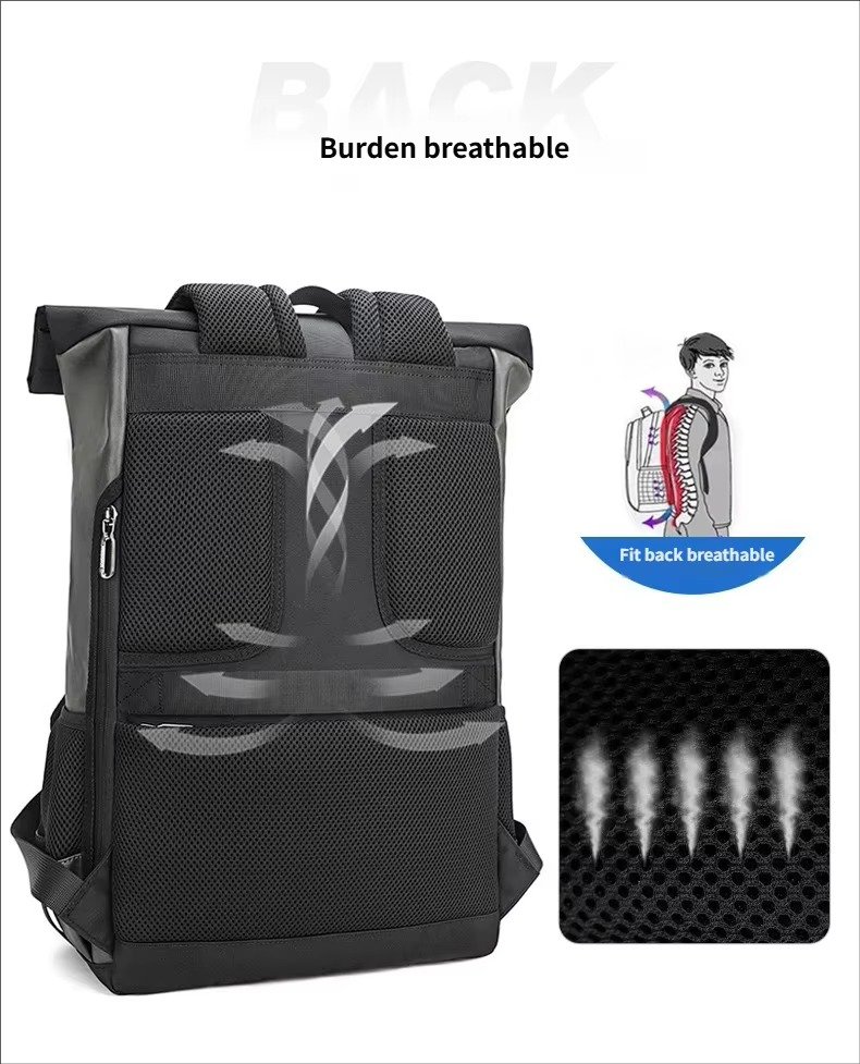 Large Capacity Waterproof Business Casual Rolltop Laptop Backpack Outdoor Sports Commuting Travel Daypack with USB detail image