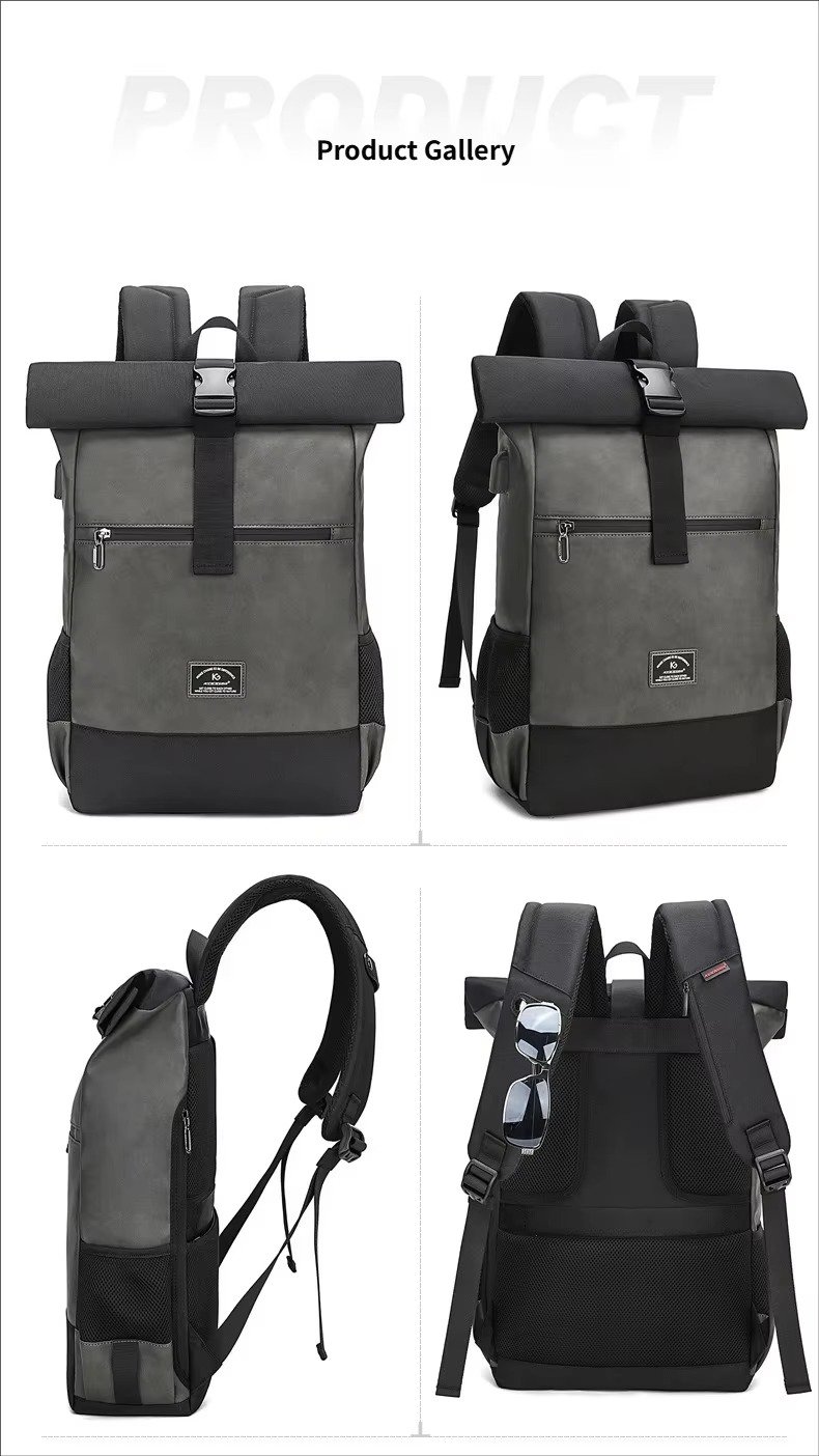 Large Capacity Waterproof Business Casual Rolltop Laptop Backpack Outdoor Sports Commuting Travel Daypack with USB detail image