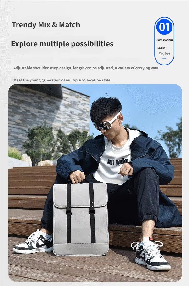 High-End Minimalist Waterproof PU Casual Business Laptop Backpack Stylish Flap Design Daypack For School Travel Daily Commute detail image