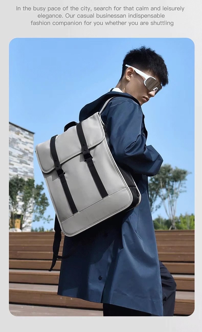High-End Minimalist Waterproof PU Casual Business Laptop Backpack Stylish Flap Design Daypack For School Travel Daily Commute detail image