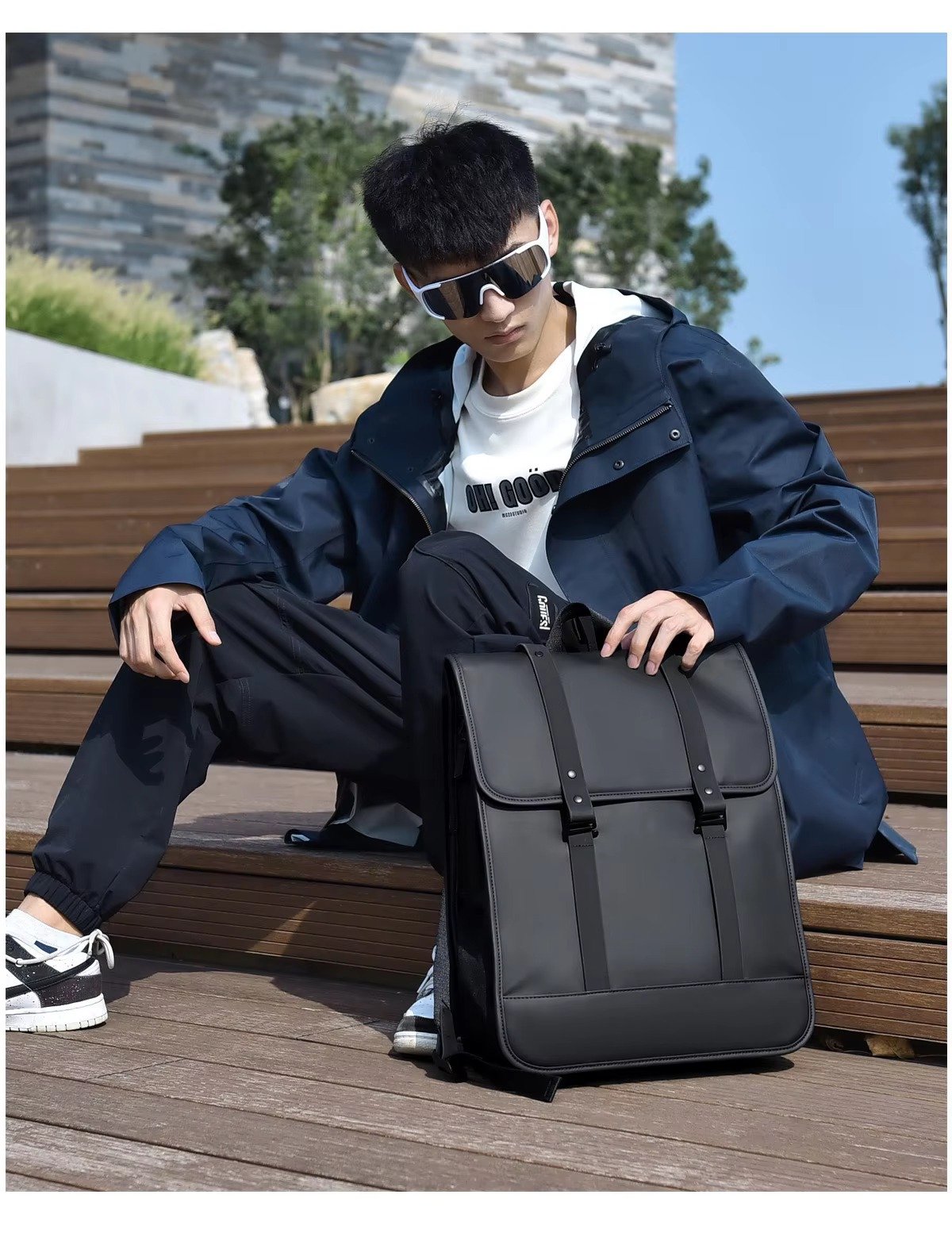 High-End Minimalist Waterproof PU Casual Business Laptop Backpack Stylish Flap Design Daypack For School Travel Daily Commute detail image
